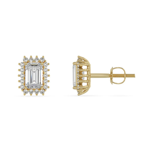 lab grown moissanite emerald cut stud earrings in yellow gold