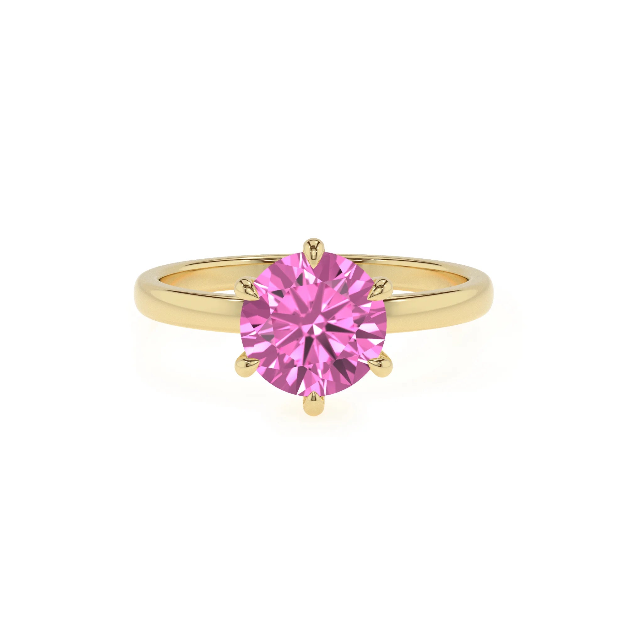 lab grown pink-sapphire round solitaire rings in yellow gold