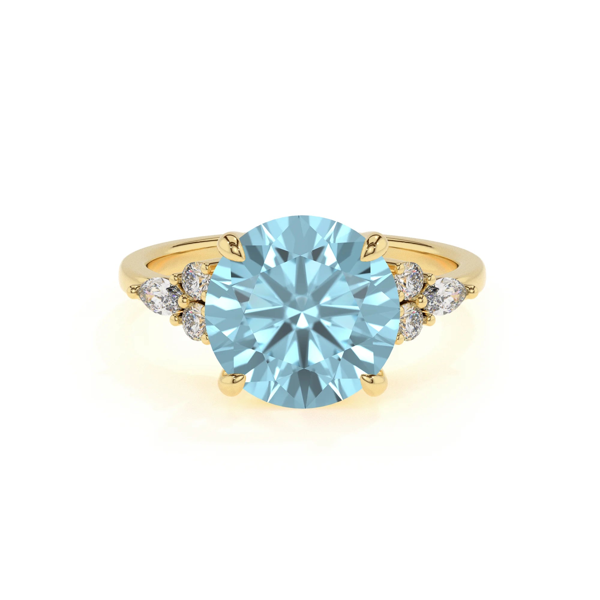 lab grown aquamarine round solitaire rings in yellow gold