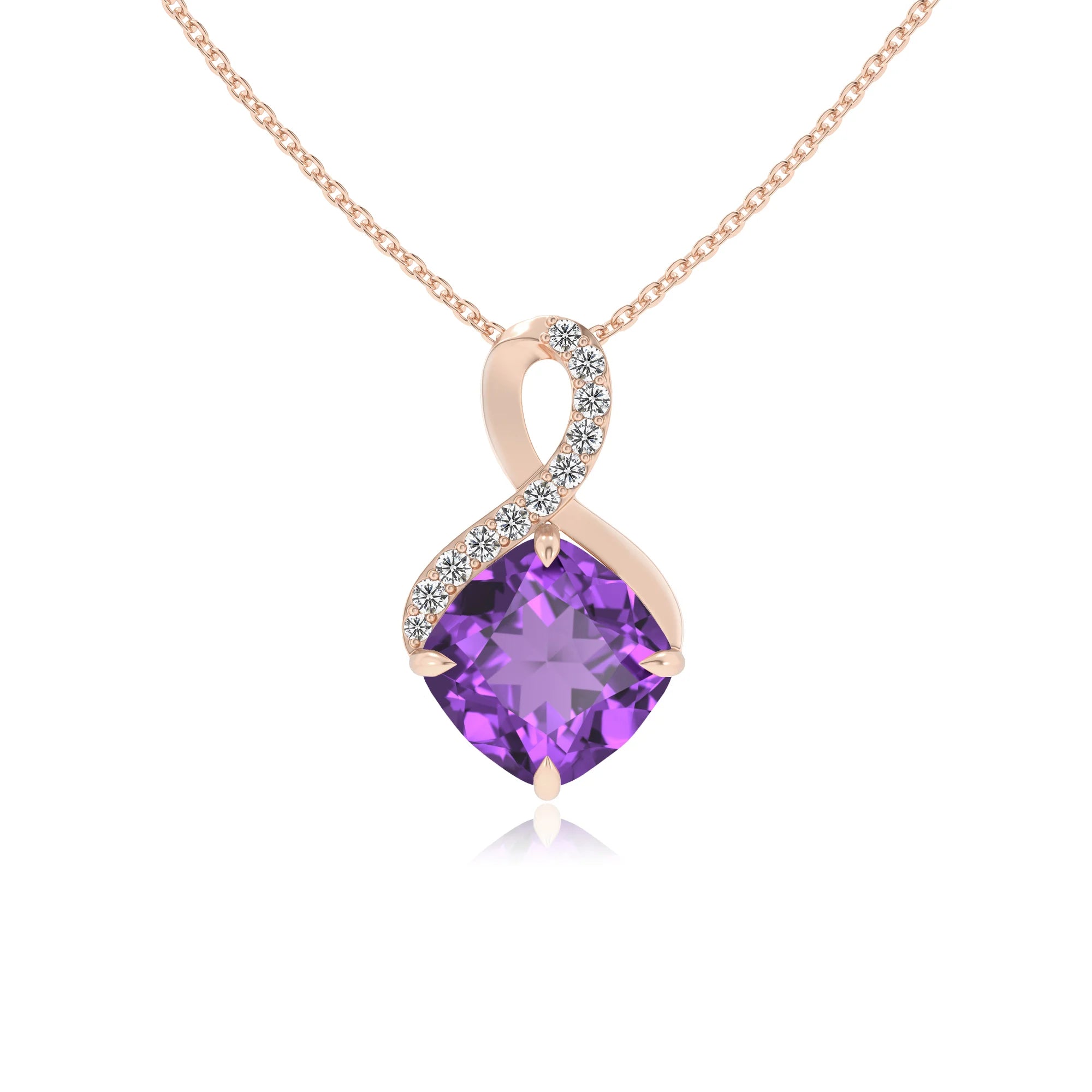 lab grown amethyst cushion infinity necklaces in rose gold