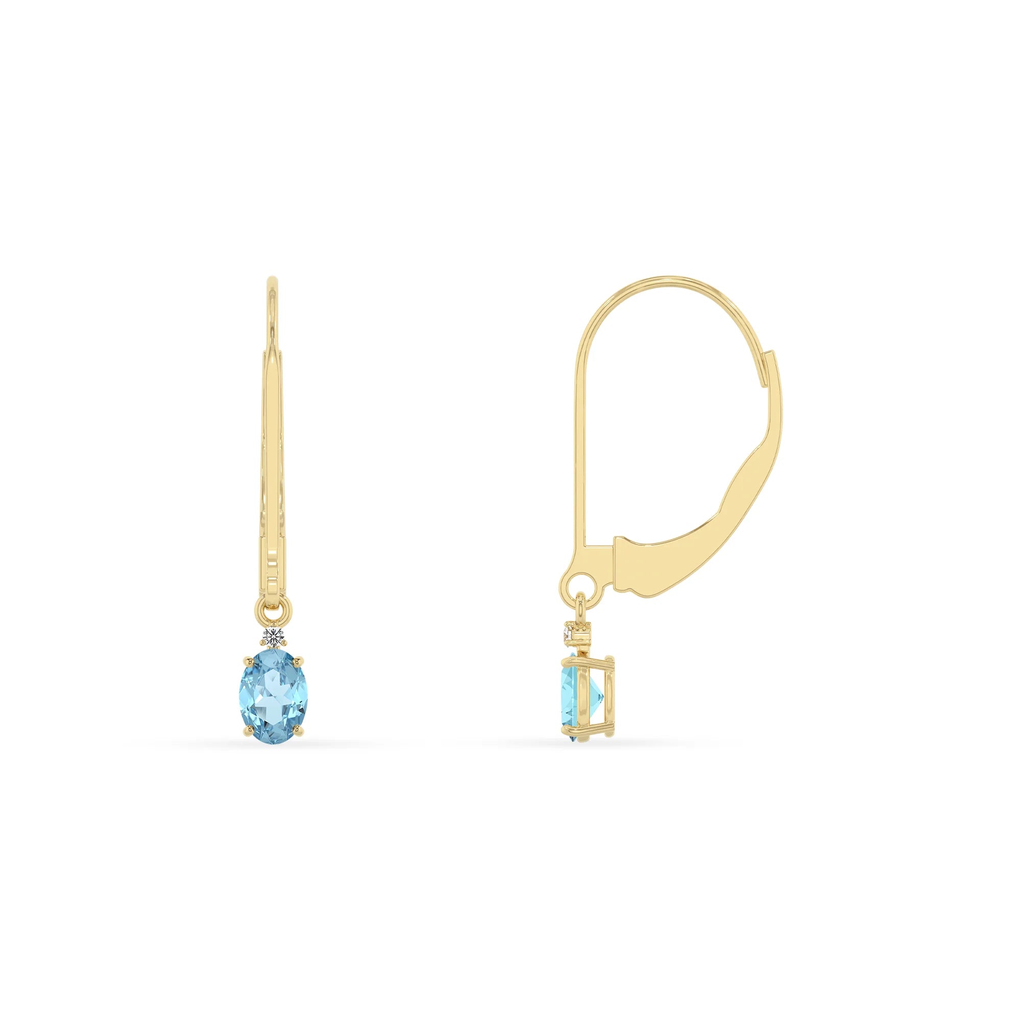 lab grown aquamarine oval drop earrings in yellow gold