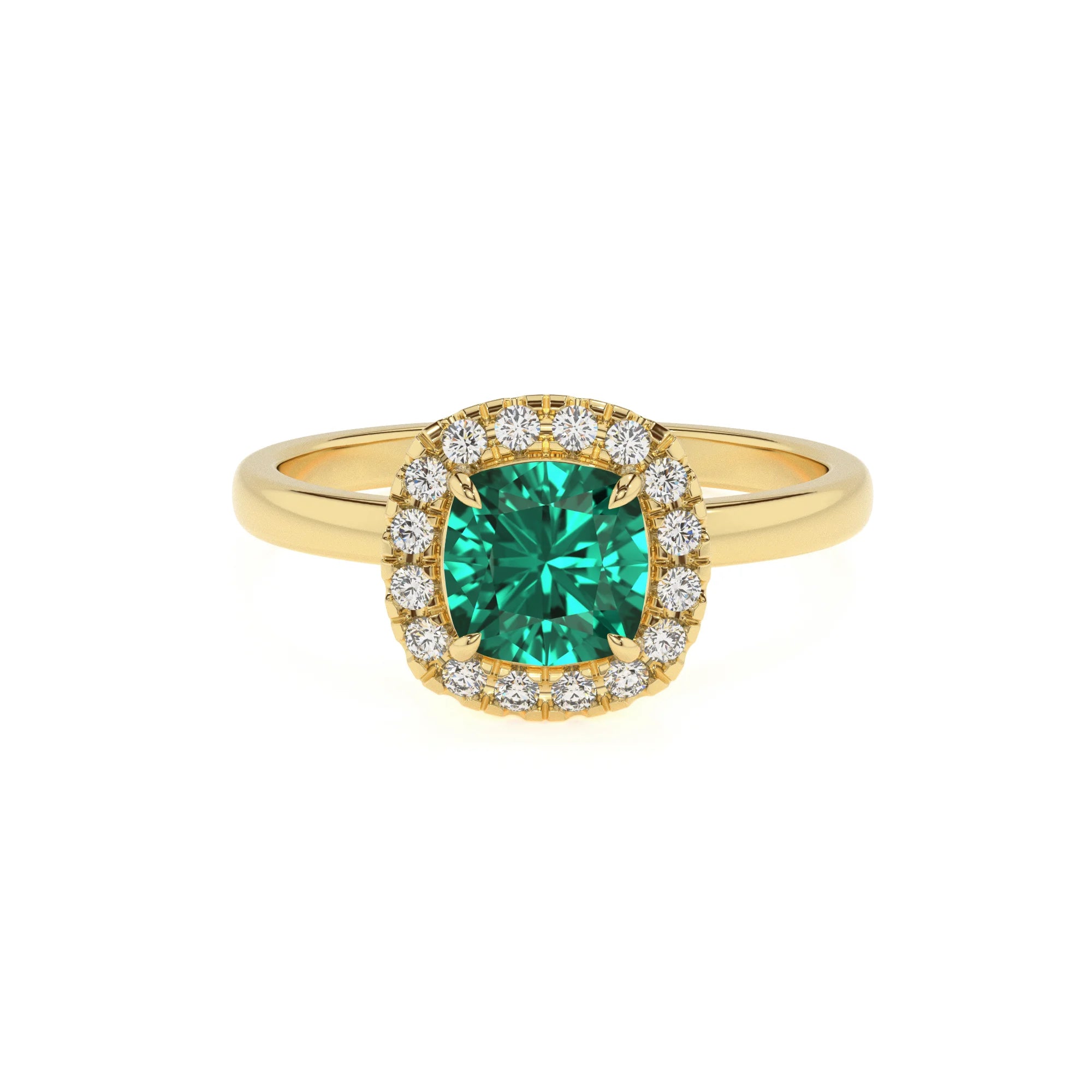 lab grown emerald cushion solitaire rings in yellow gold