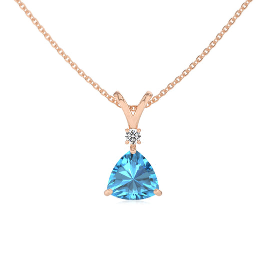 natural swiss-blue-topaz trillion solitaire v-bale necklaces in rose gold