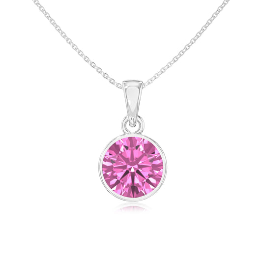 lab grown pink-sapphire round solitaire necklaces in white gold