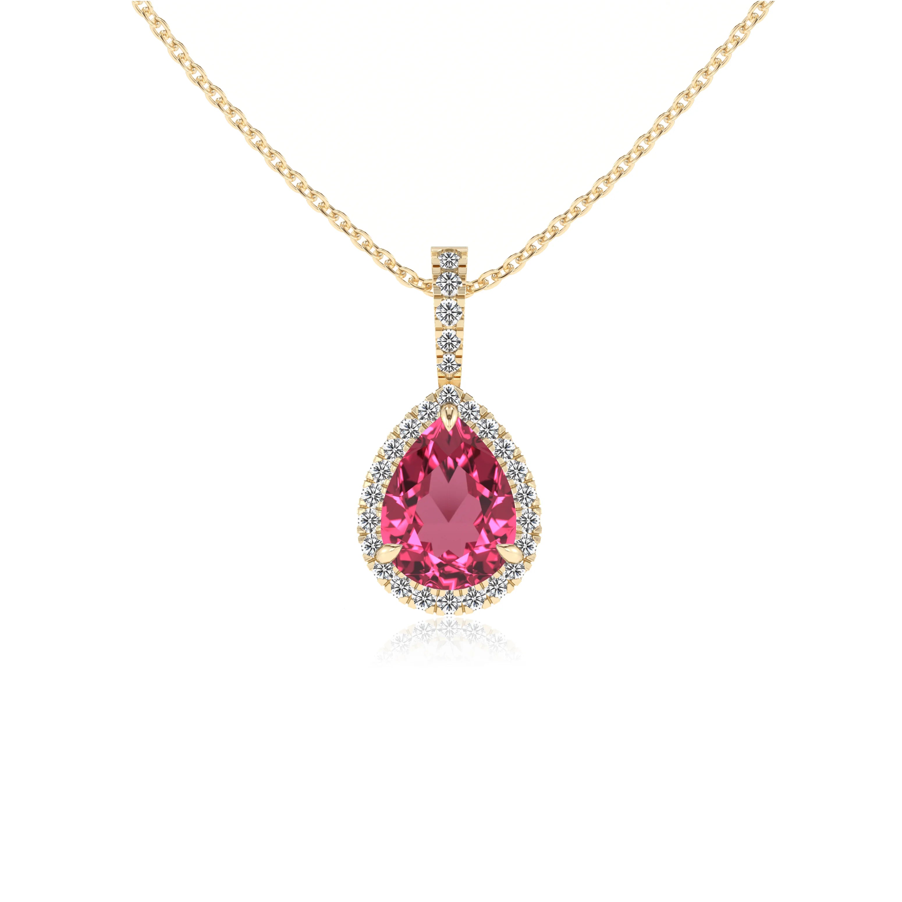 lab grown pink-tourmaline pear solitaire necklaces in yellow gold