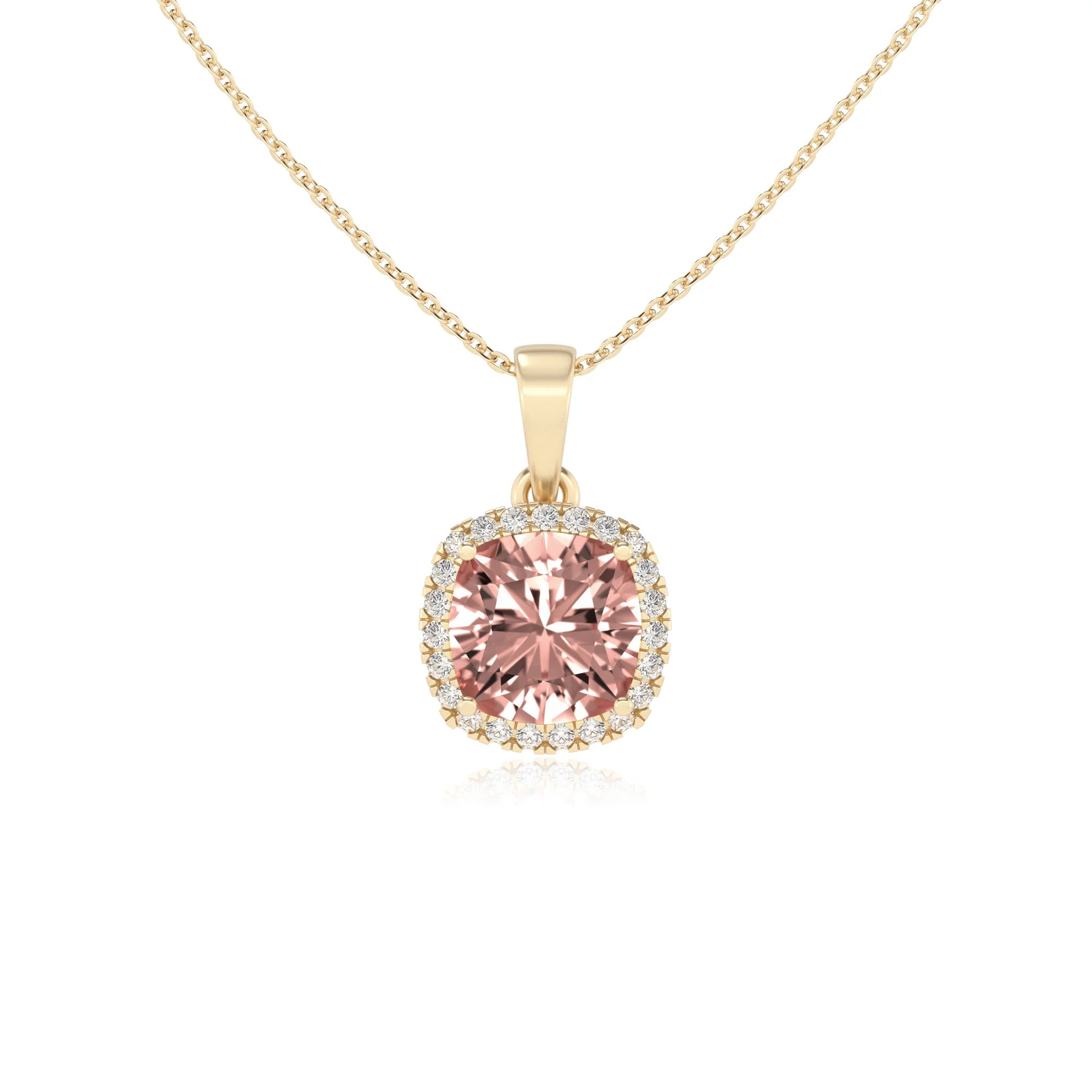 lab grown morganite cushion solitaire necklaces in yellow gold