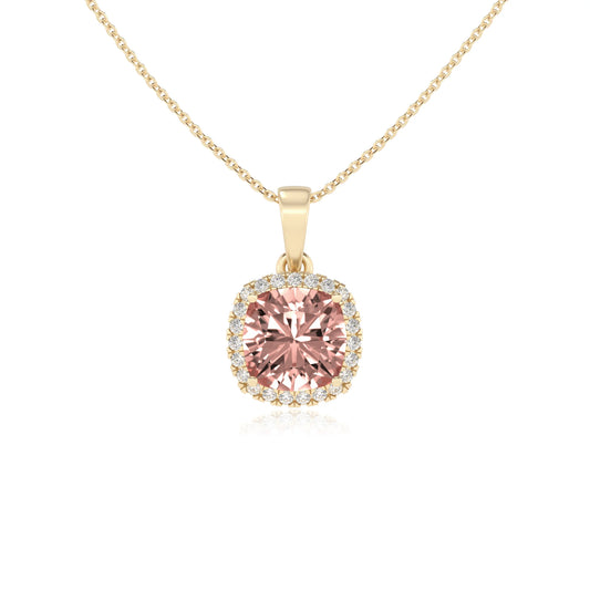 lab grown morganite cushion solitaire necklaces in yellow gold