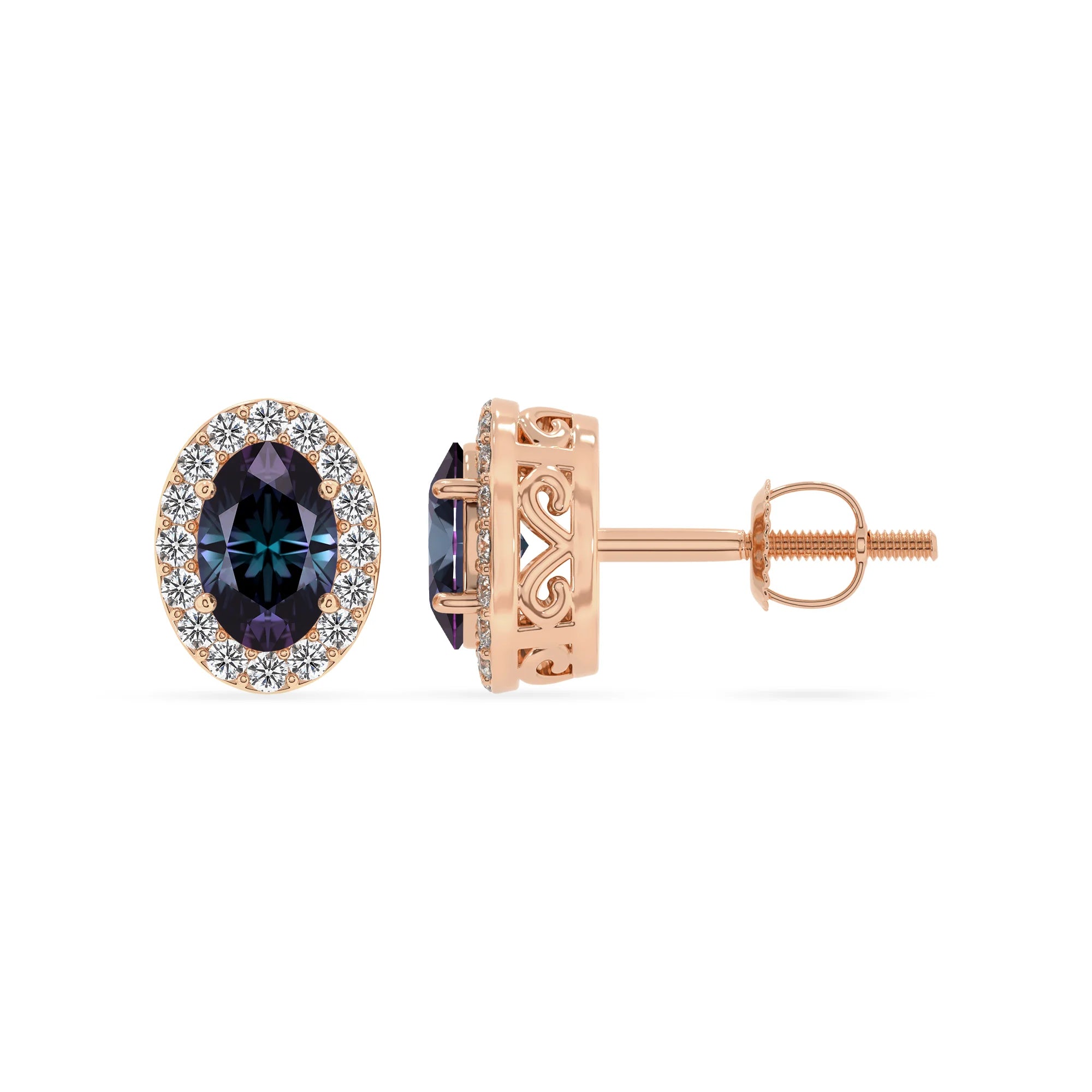 lab grown alexandrite oval stud earrings in rose gold