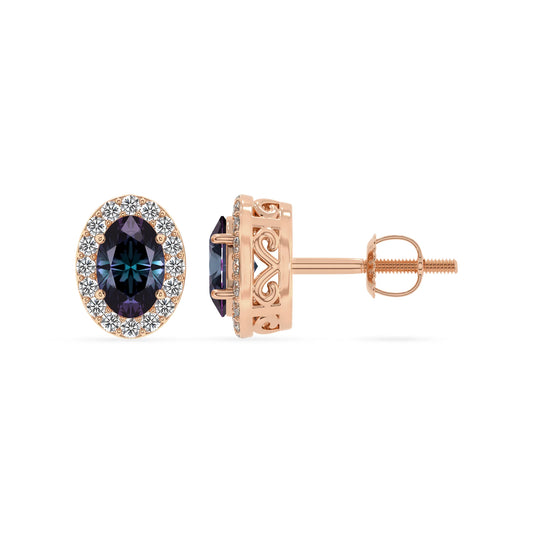 lab grown alexandrite oval stud earrings in rose gold