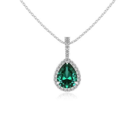 lab grown emerald pear solitaire necklaces in sterling silver