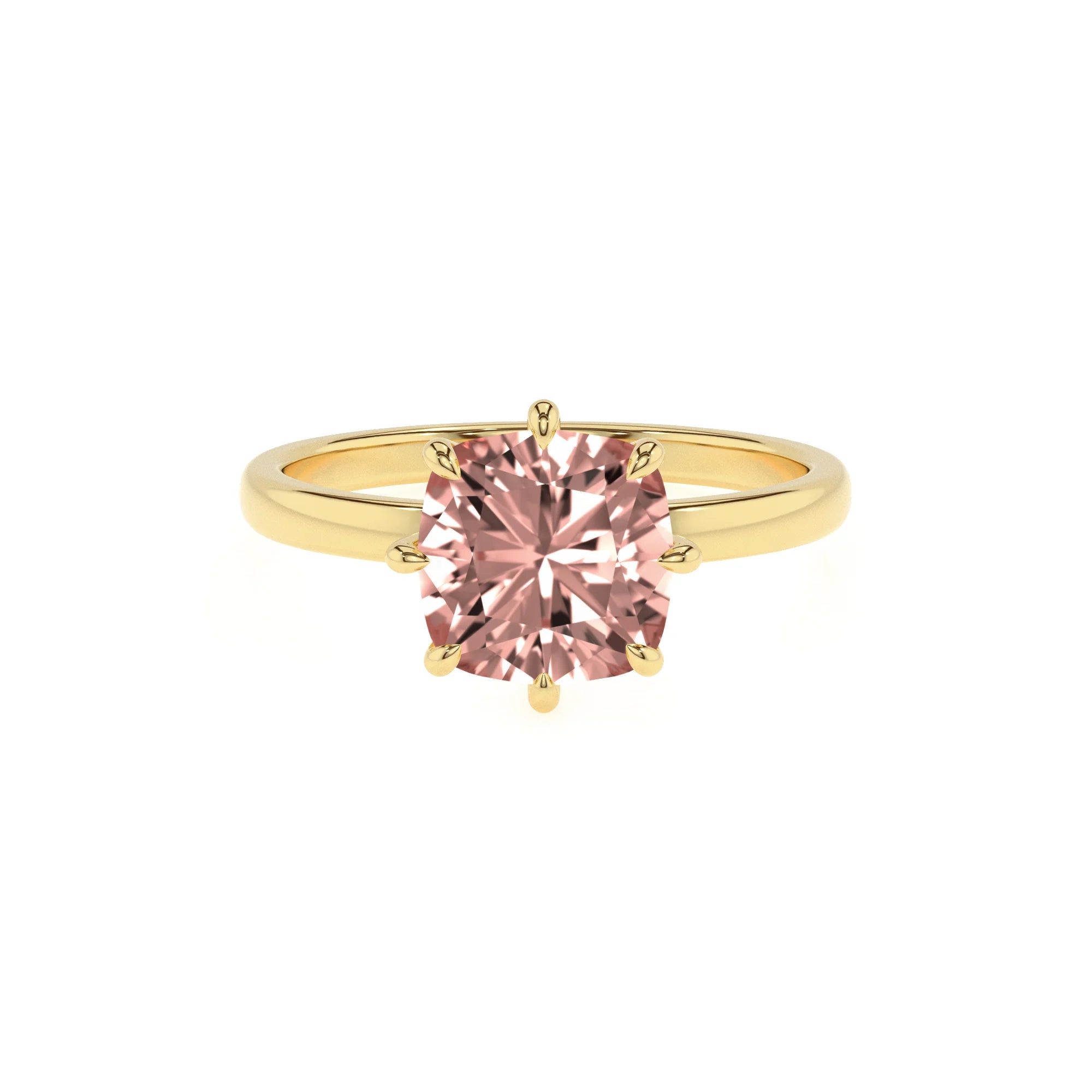 lab grown morganite cushion solitaire rings in yellow gold