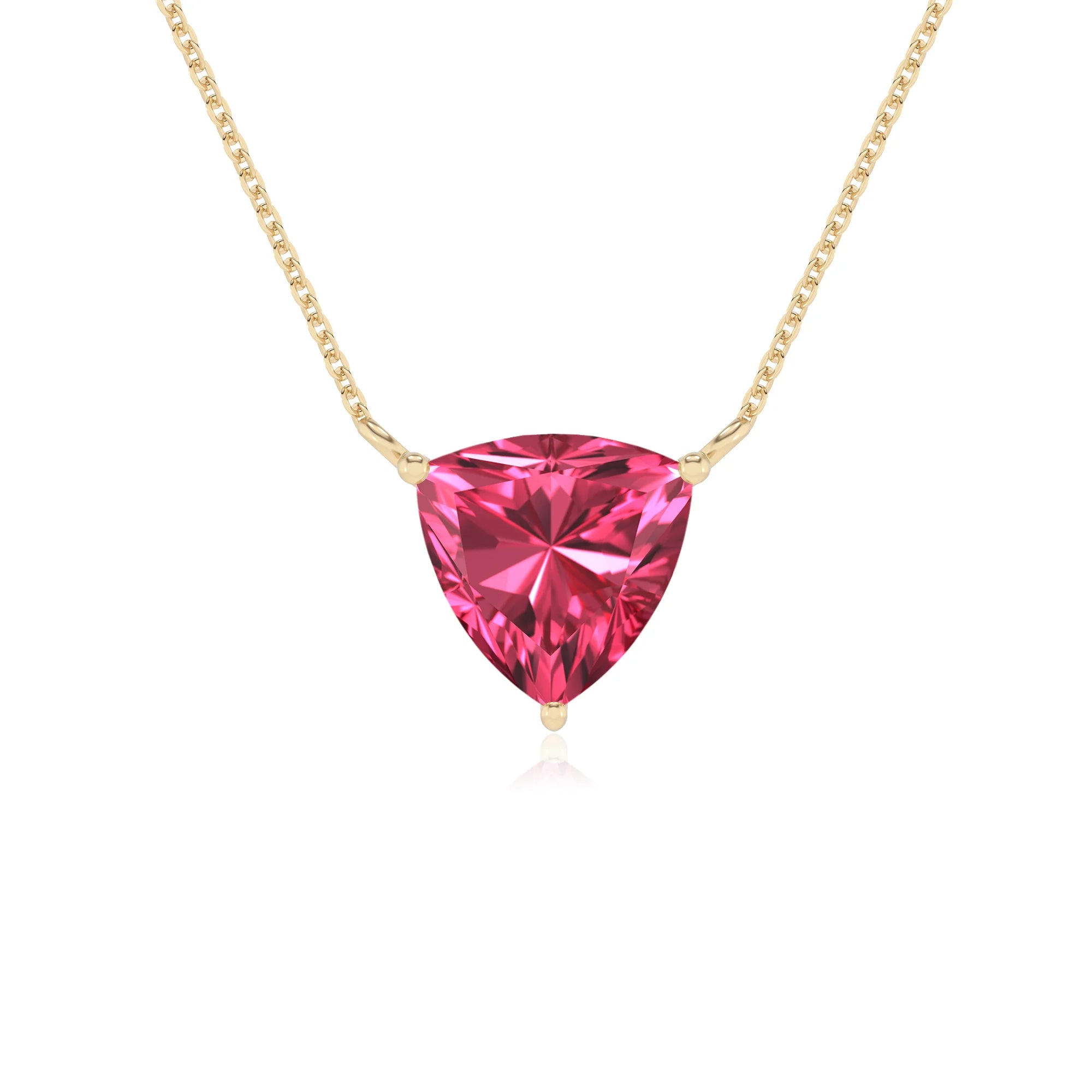 lab grown pink-tourmaline trillion solitaire necklaces in yellow gold