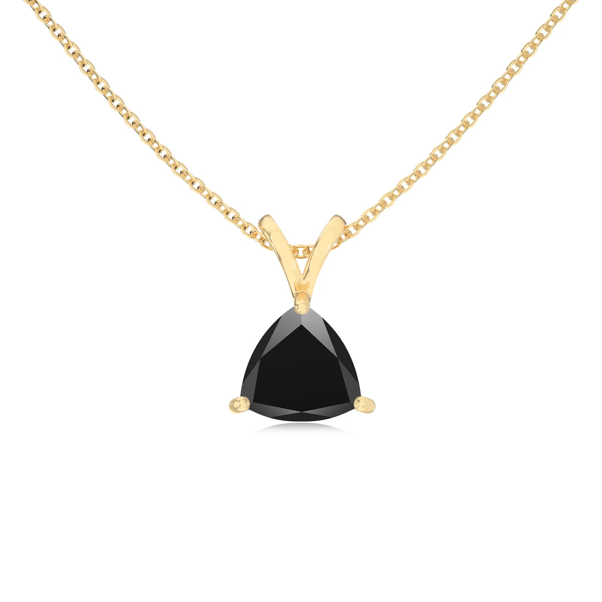 natural black-onyx trillion solitaire v-bale necklaces in yellow gold