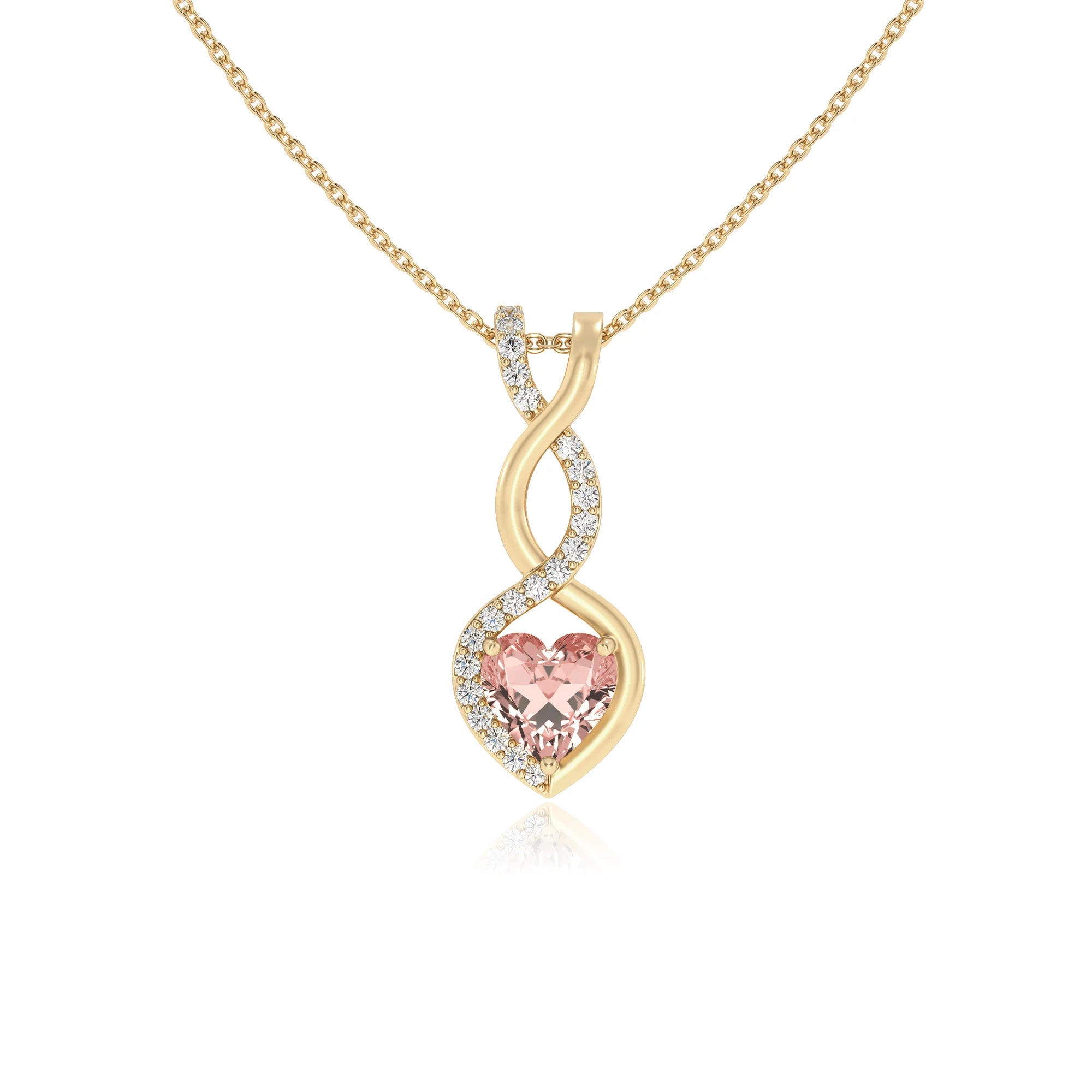 lab grown morganite heart infinity necklaces in yellow gold