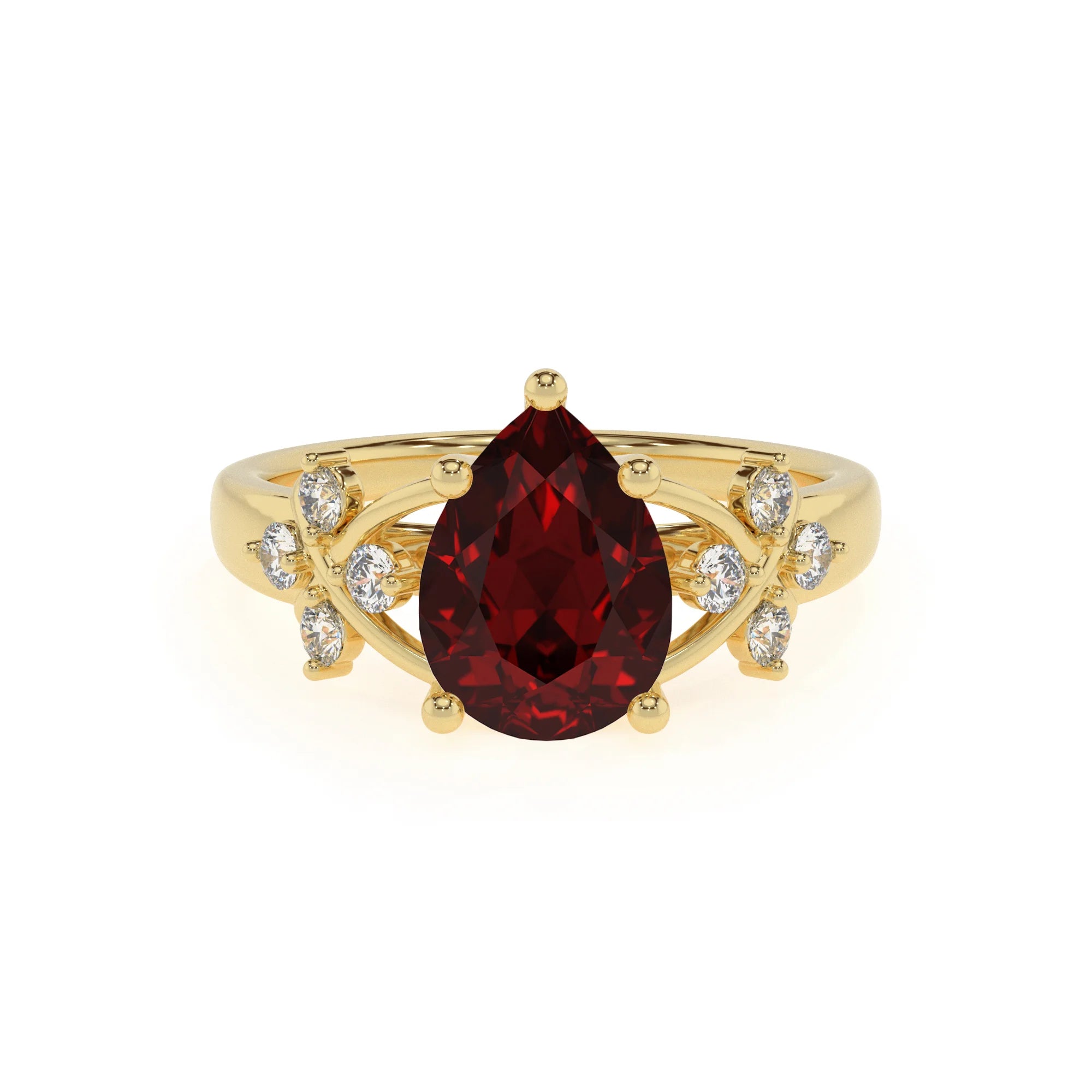 natural garnet pear solitaire rings in yellow gold