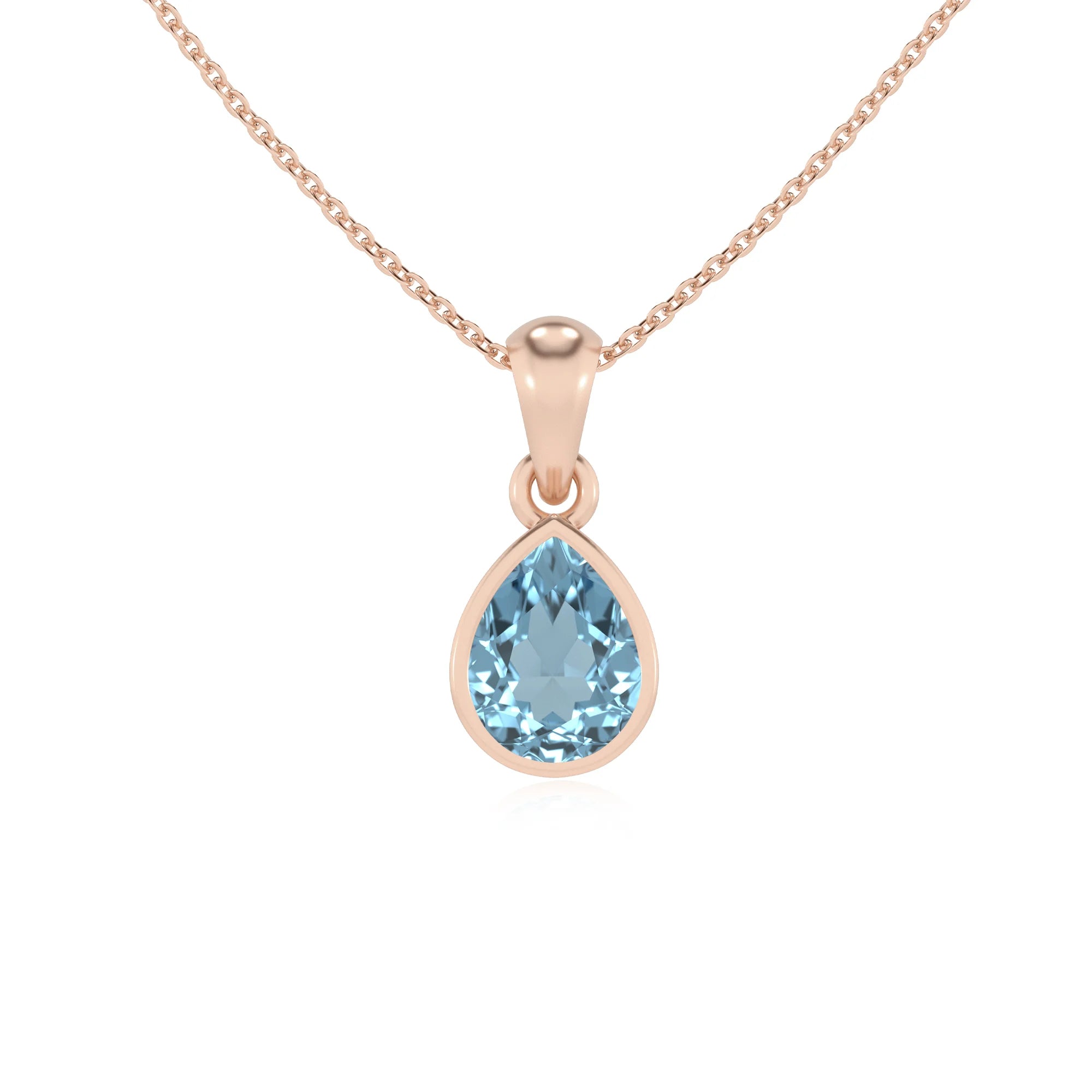 lab grown aquamarine pear solitaire necklaces in rose gold