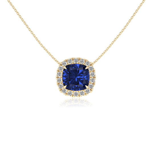 lab grown blue sapphire cushion solitaire necklaces in yellow gold