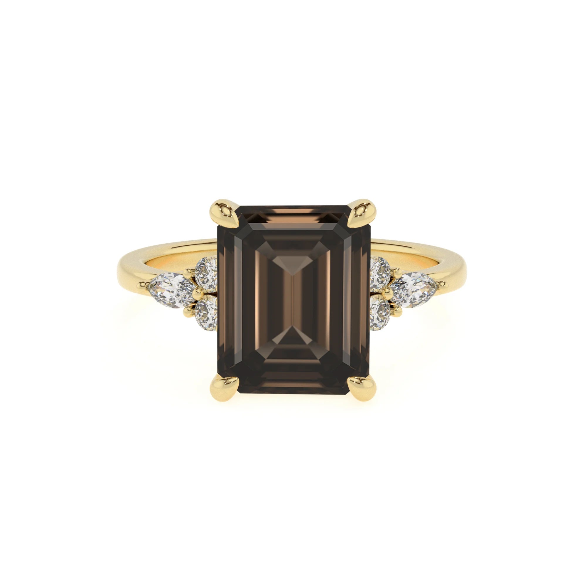 natural smoky-quartz emerald cut solitaire rings in yellow gold