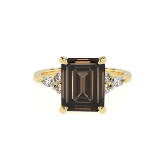 natural smoky-quartz emerald cut solitaire rings in yellow gold