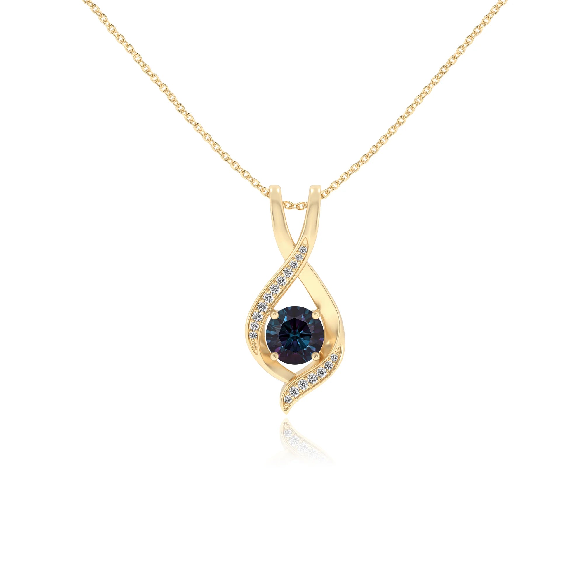 lab grown alexandrite round solitaire necklaces in yellow gold
