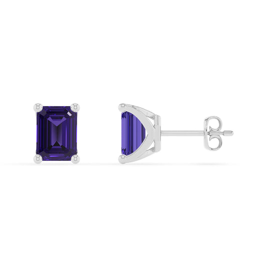 lab grown tanzanite emerald cut stud earrings in white gold