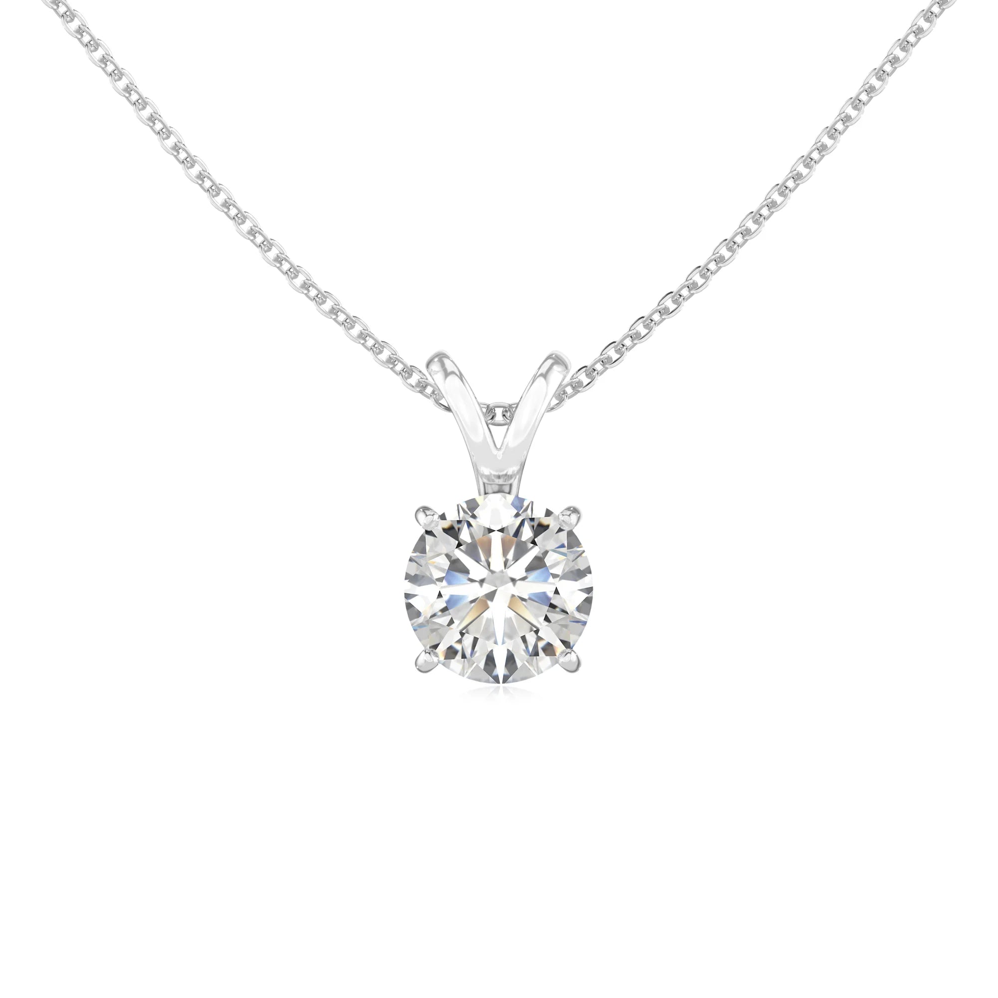 lab grown moissanite round solitaire v-bale necklaces in sterling silver
