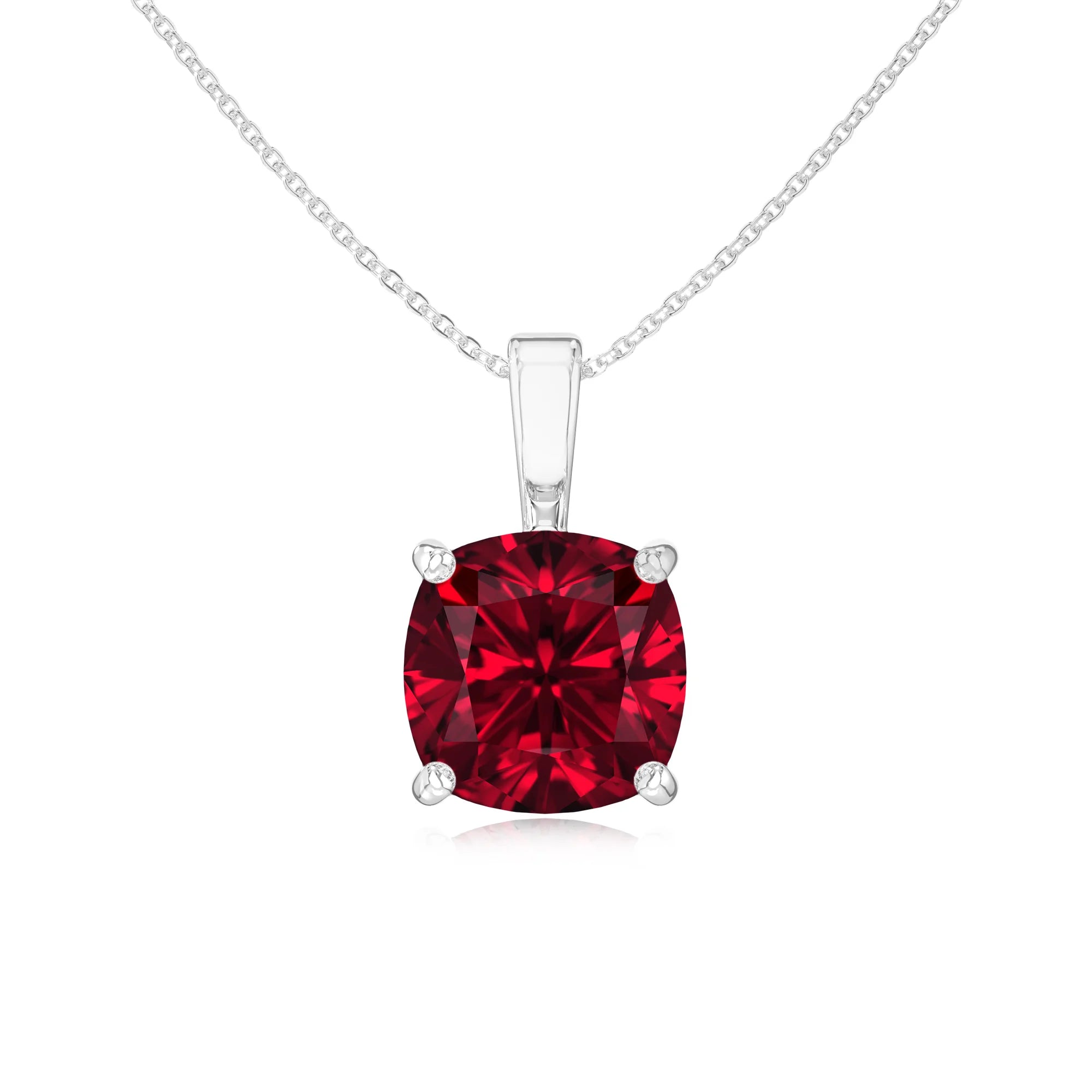 lab grown ruby cushion solitaire necklaces in sterling silver