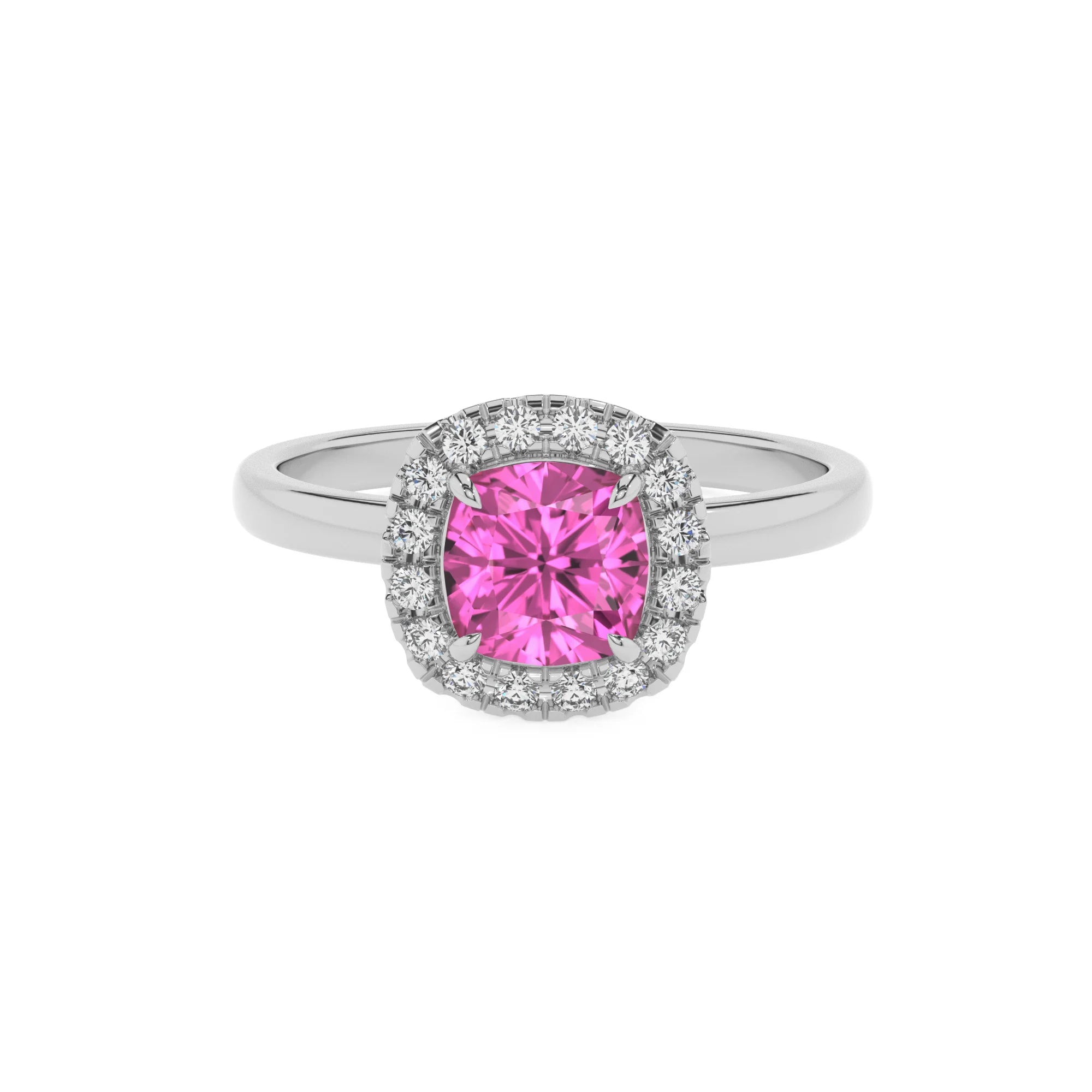 lab grown pink-sapphire cushion solitaire rings in white gold