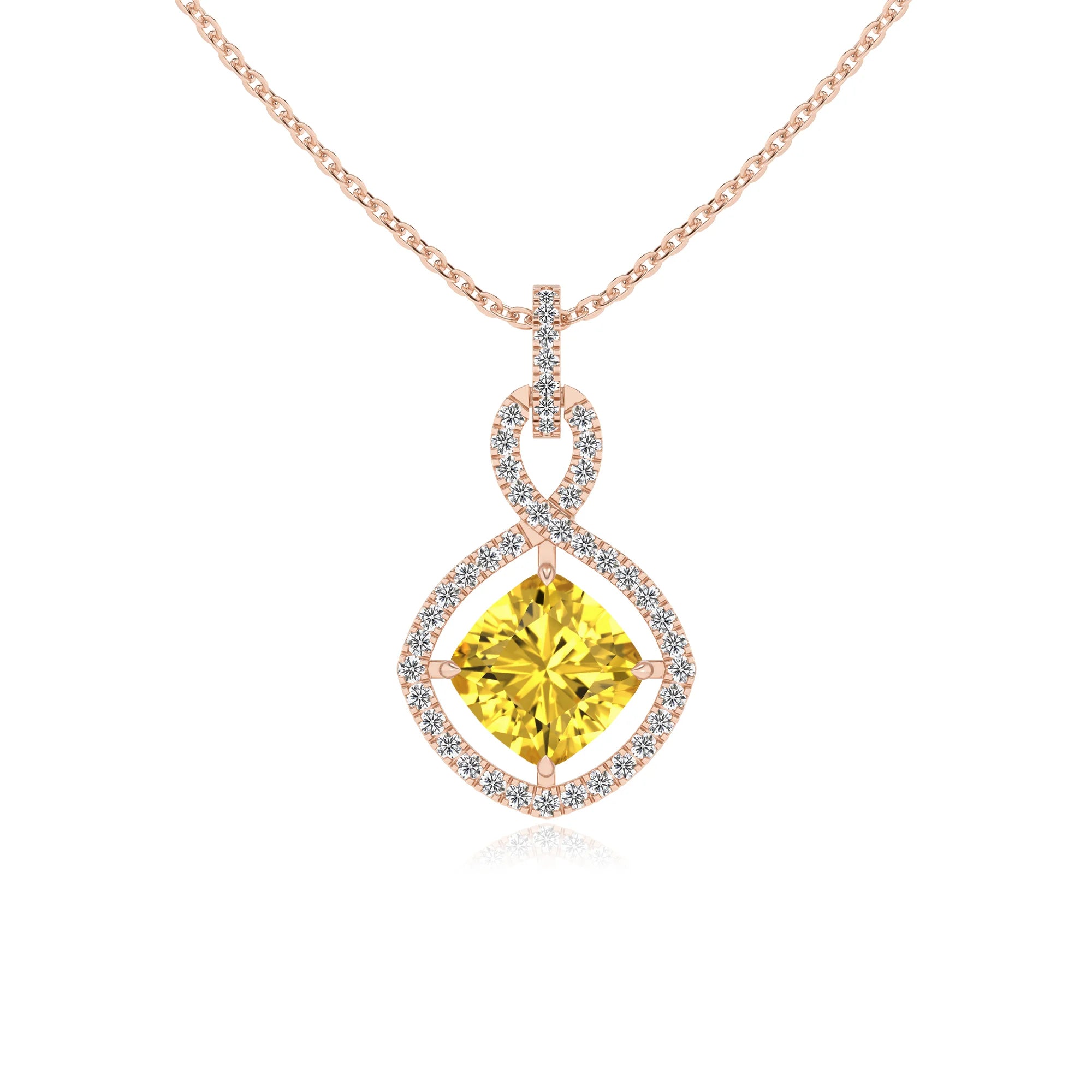 lab grown yellow-sapphire cushion infinity necklaces in rose gold