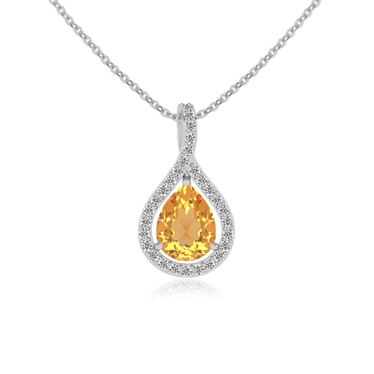 lab grown citrine pear solitaire necklaces in white gold