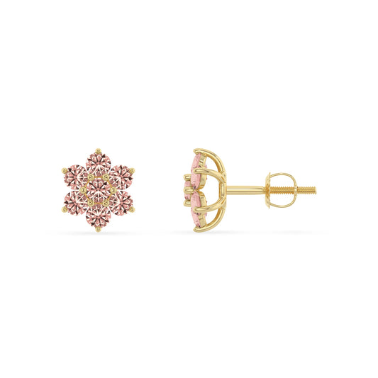 lab grown morganite round stud earrings in yellow gold