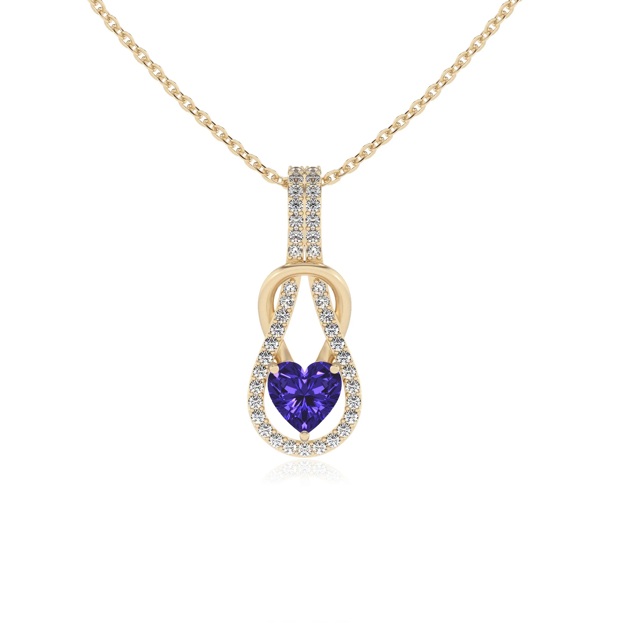 lab grown tanzanite heart infinity v-bale necklaces in yellow gold