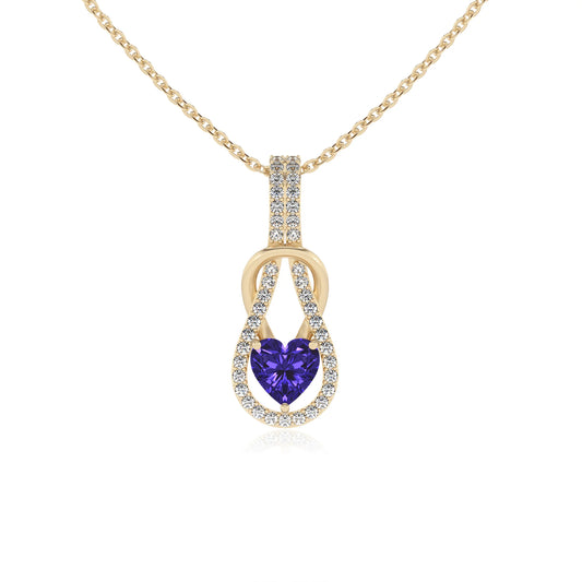 lab grown tanzanite heart infinity  v-bale necklaces in yellow gold