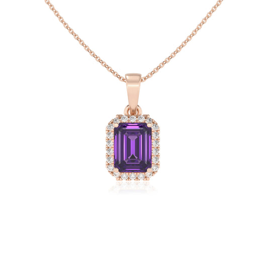 lab grown amethyst emerald cut solitaire necklaces in rose gold