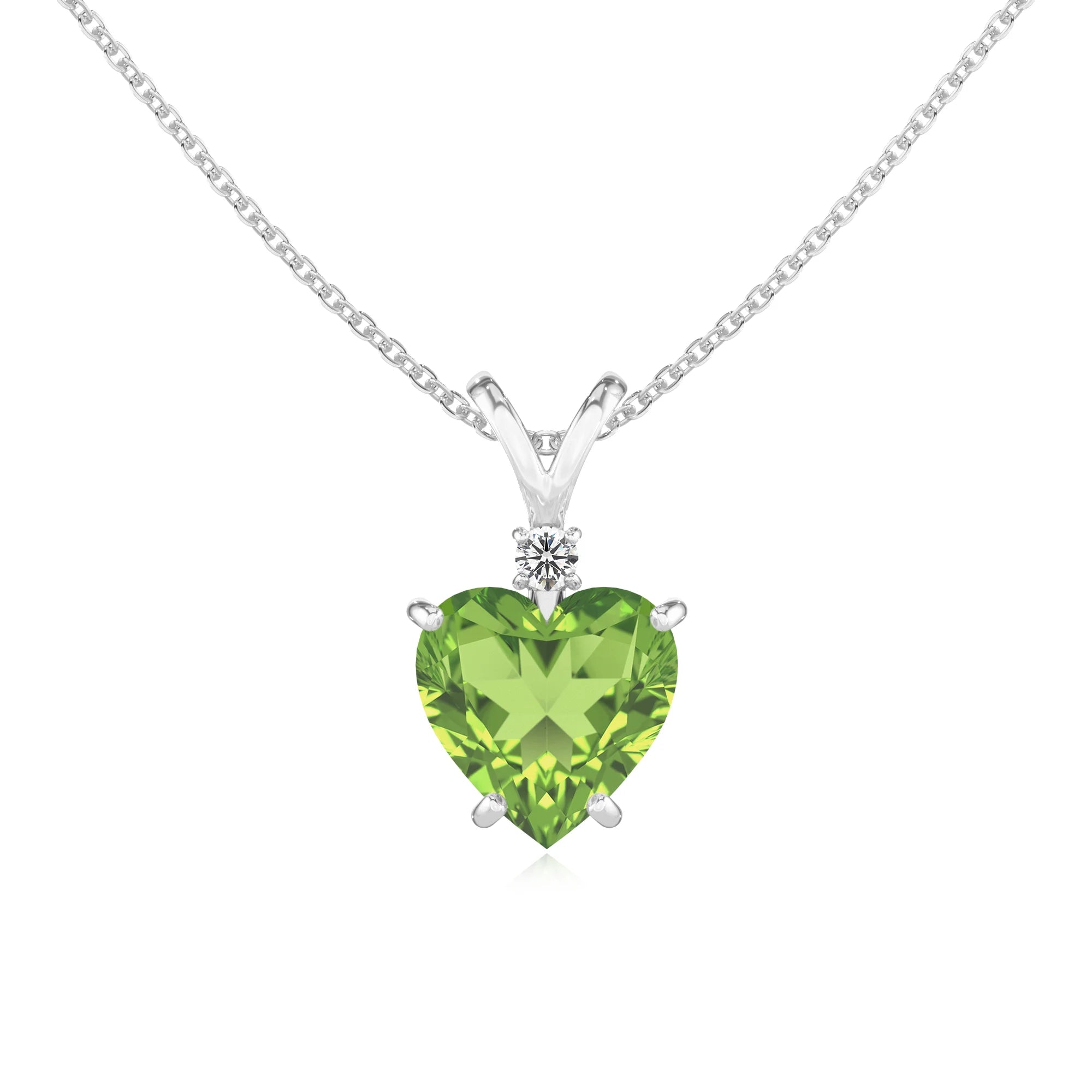 natural peridot heart solitaire v-bale necklaces in white gold