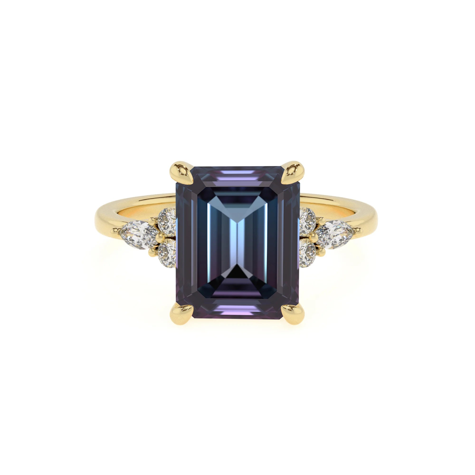 lab grown alexandrite emerald cut solitaire rings in yellow gold