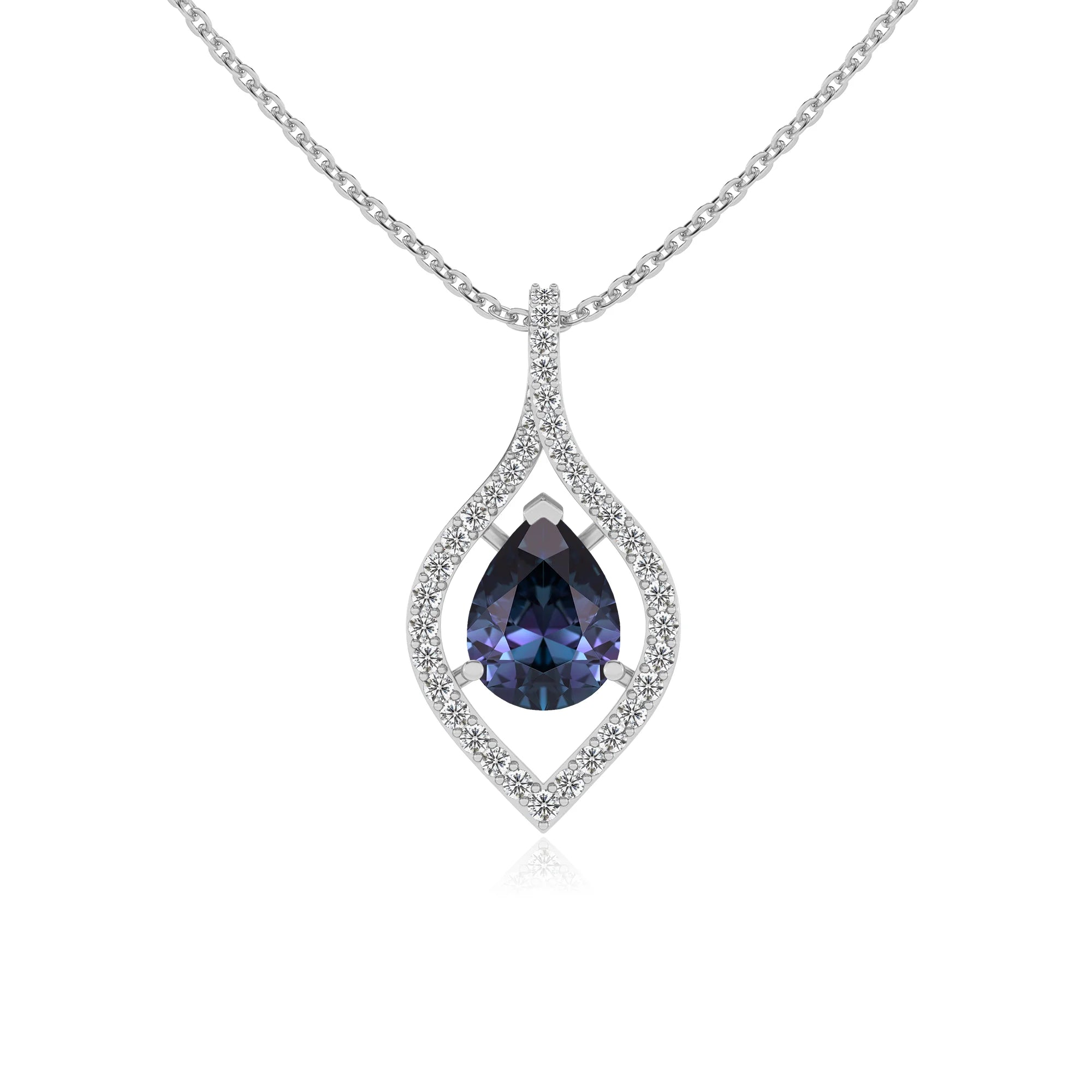 lab grown alexandrite pear infinity necklaces in platinum