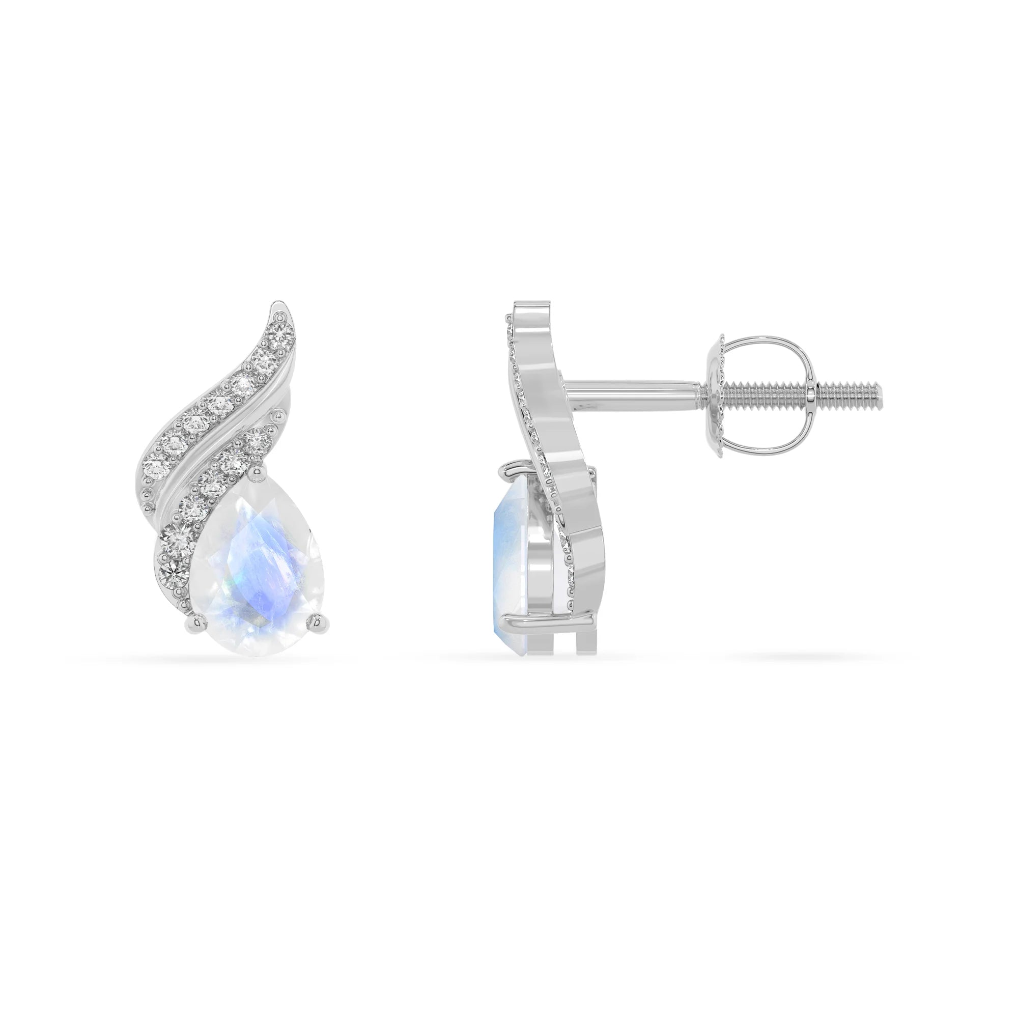 natural rainbow moonstone pear stud earrings in platinum