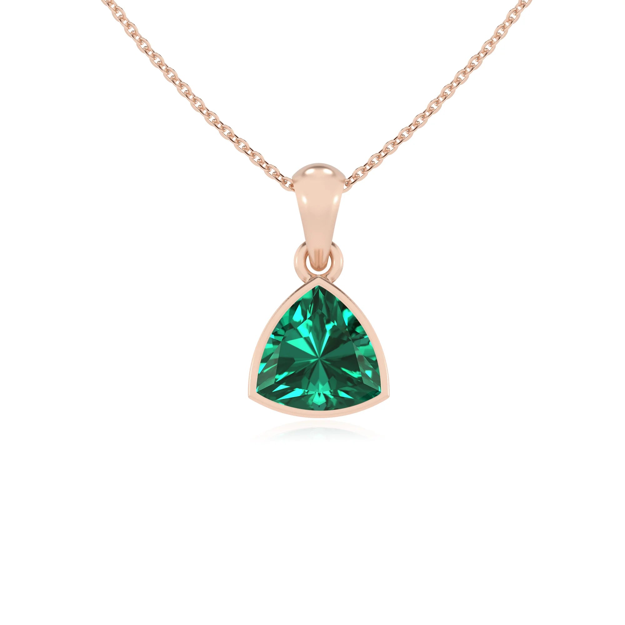lab grown emerald trillion solitaire necklaces in rose gold