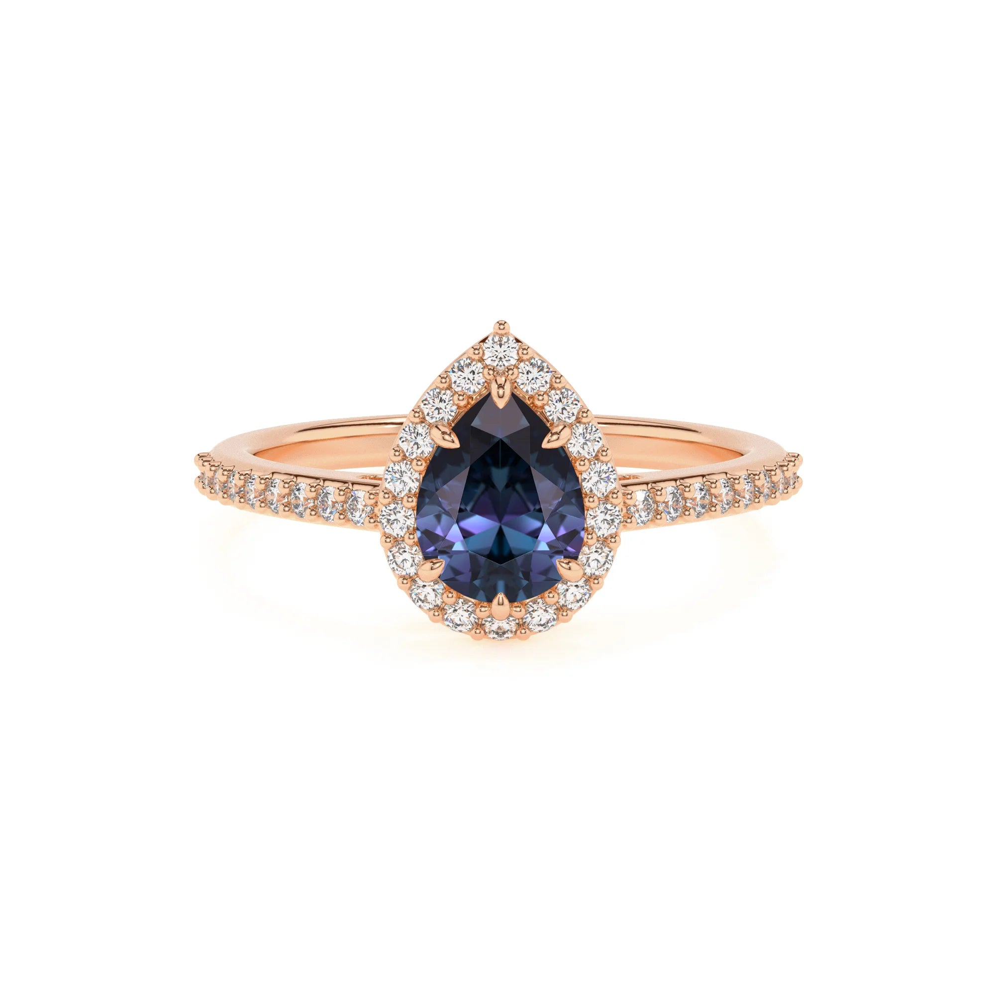 lab grown alexandrite pear solitaire rings in rose gold