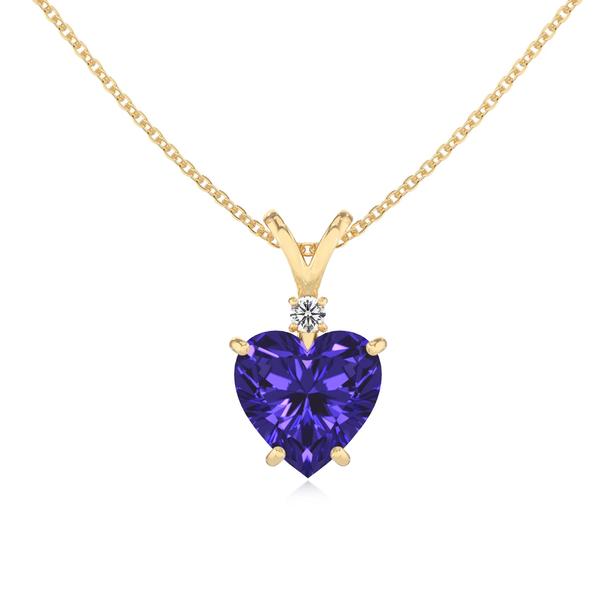 lab grown tanzanite heart solitaire v-bale necklaces in yellow gold