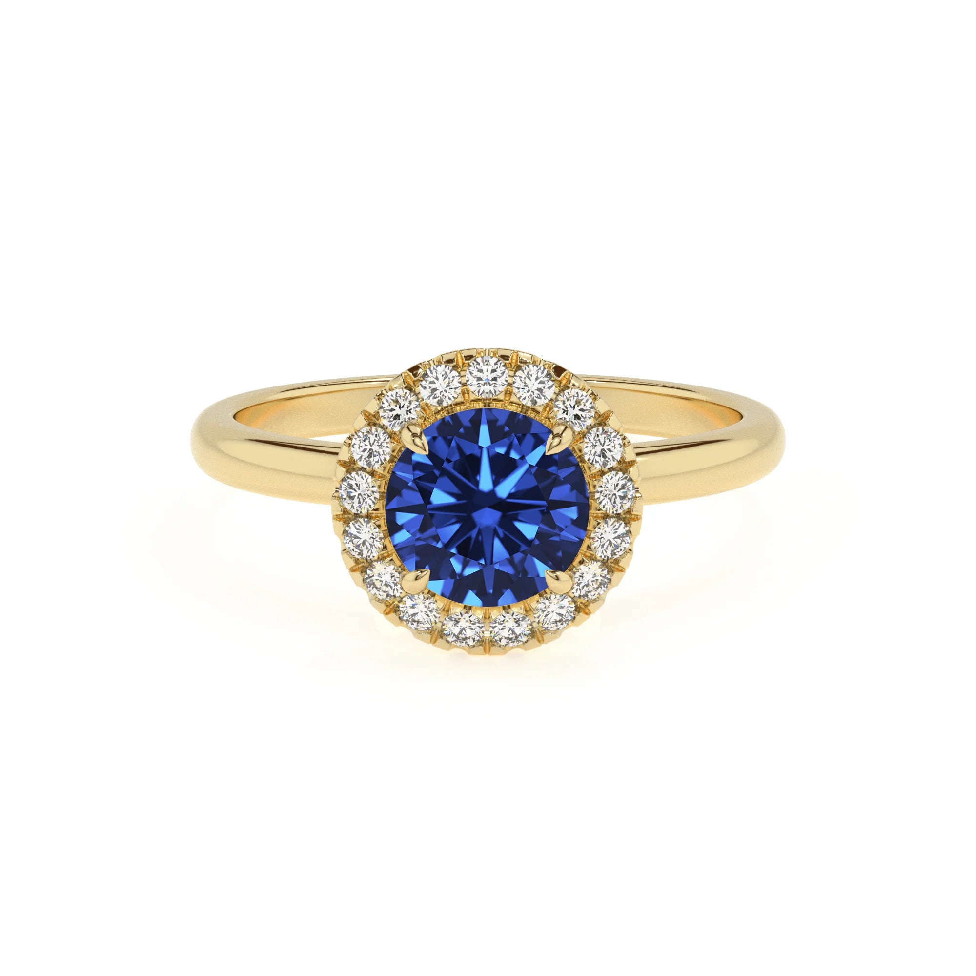 lab grown blue-sapphire round solitaire rings in yellow gold