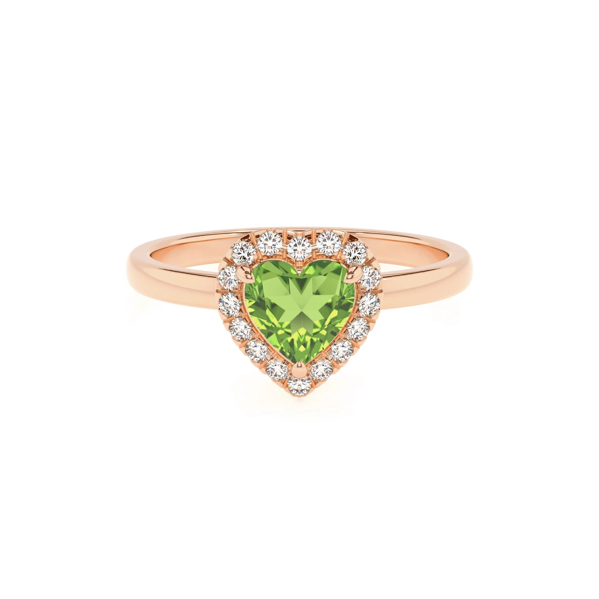 natural peridot heart solitaire rings in rose gold