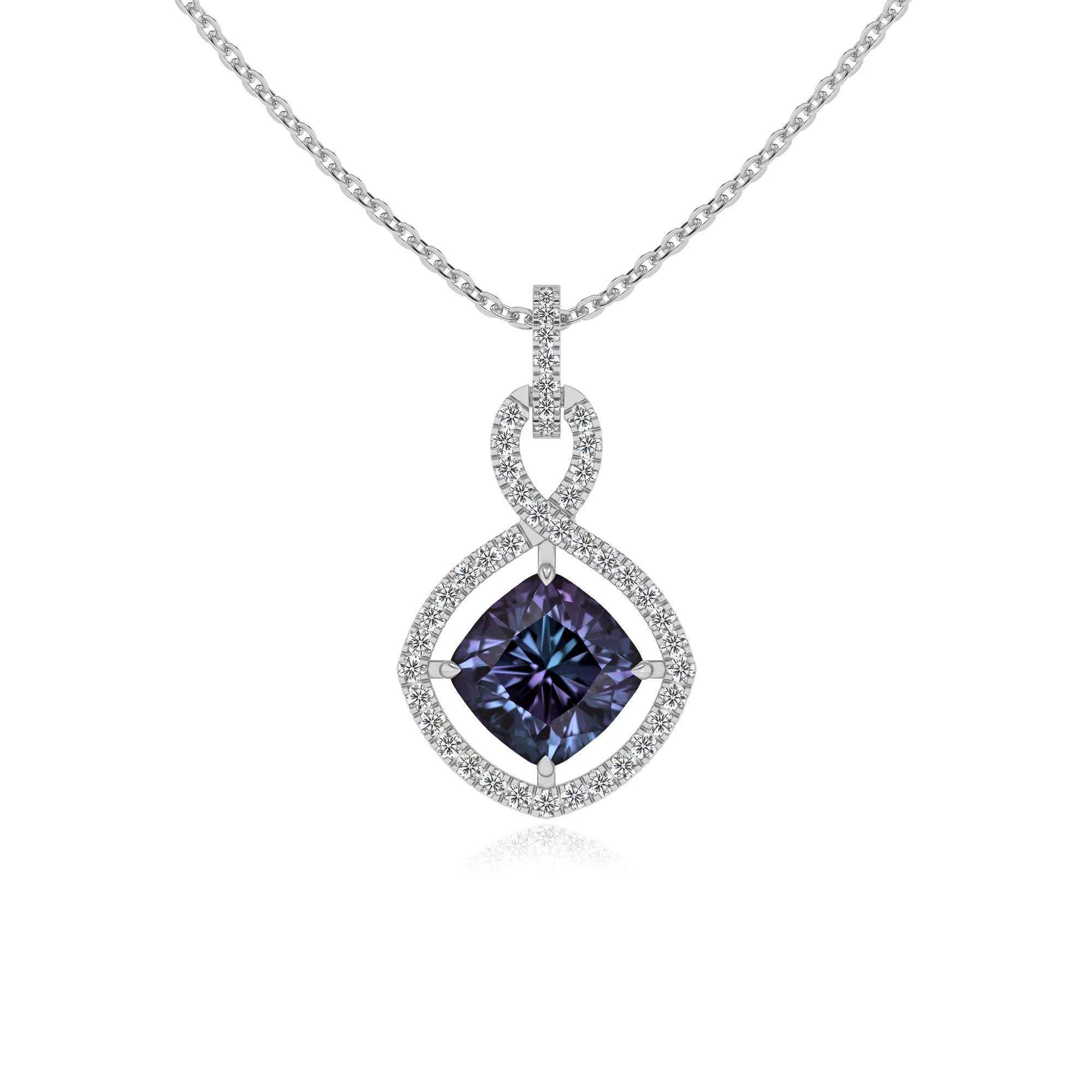 lab grown alexandrite cushion infinity necklaces in platinum