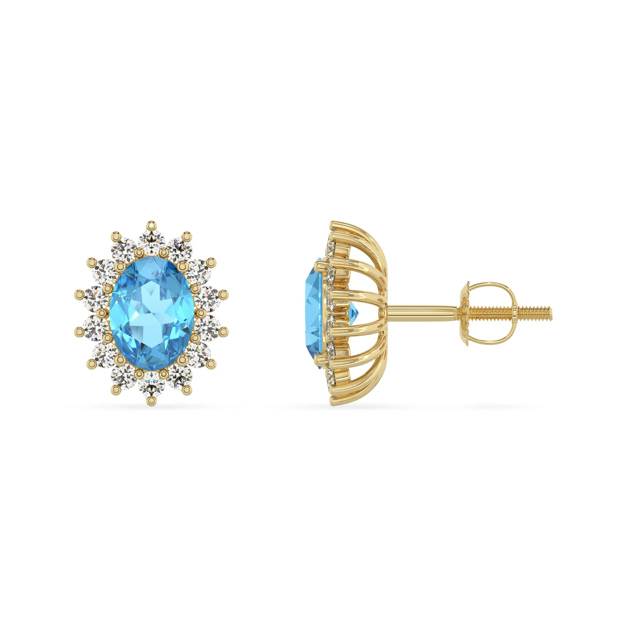 natural swiss blue topaz oval stud earrings in yellow gold