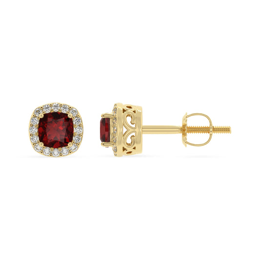 natural garnet cushion stud earrings in yellow gold