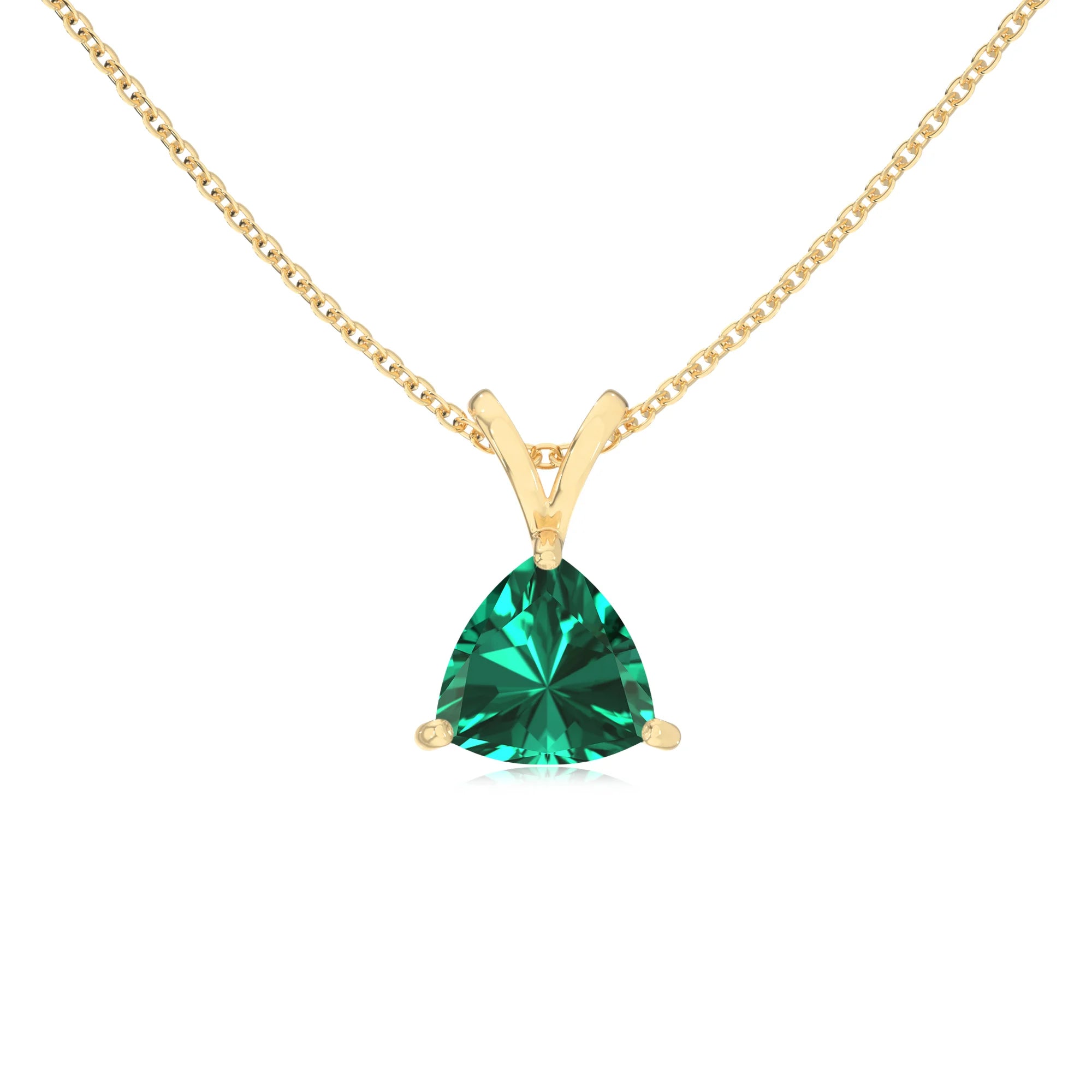 lab grown emerald trillion solitaire v-bale necklaces in yellow gold