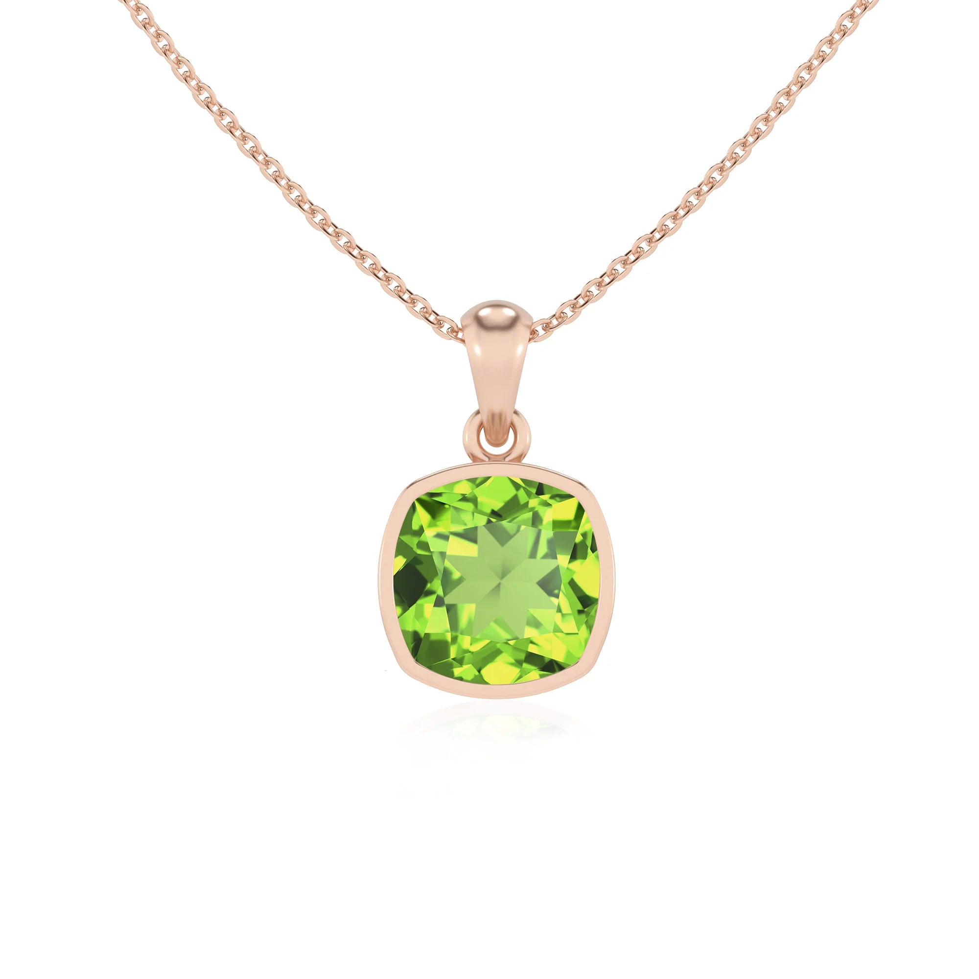 natural peridot cushion solitaire necklaces in rose gold