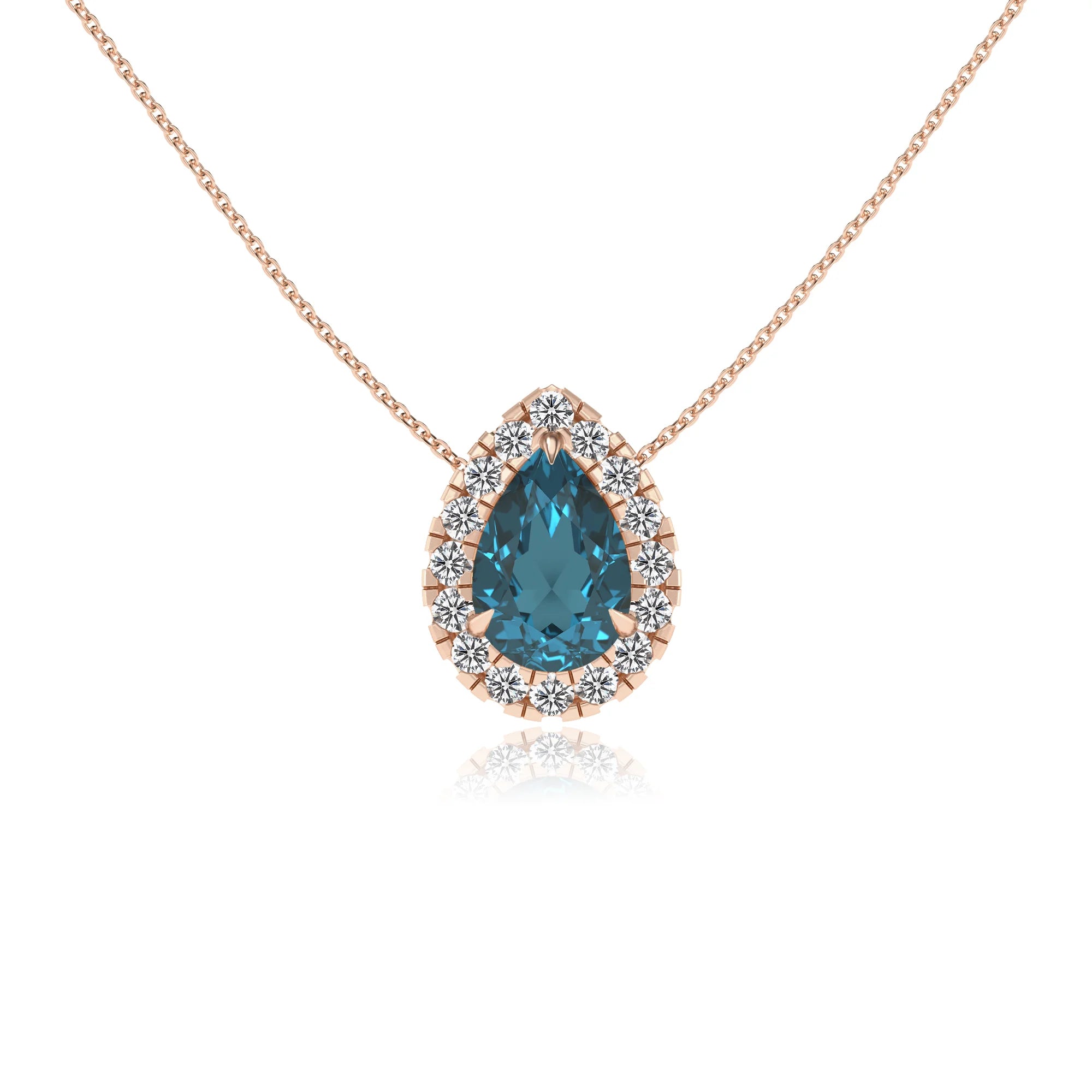 natural london blue topaz pear solitaire necklaces in rose gold