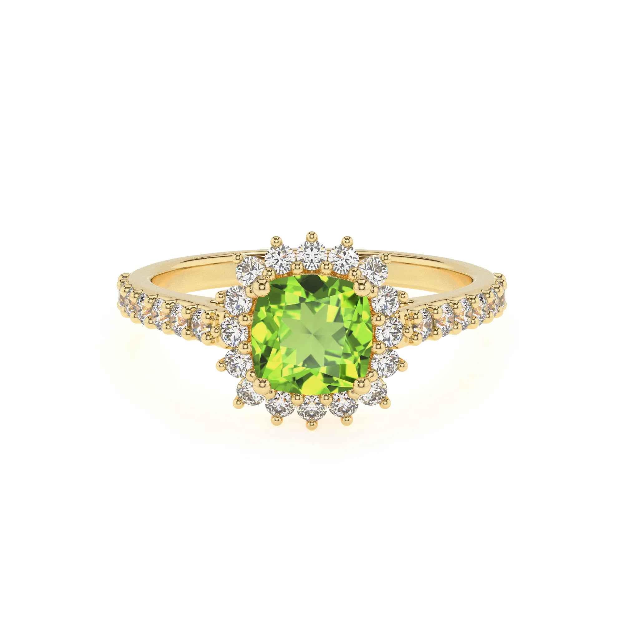 natural peridot cushion solitaire rings in yellow gold